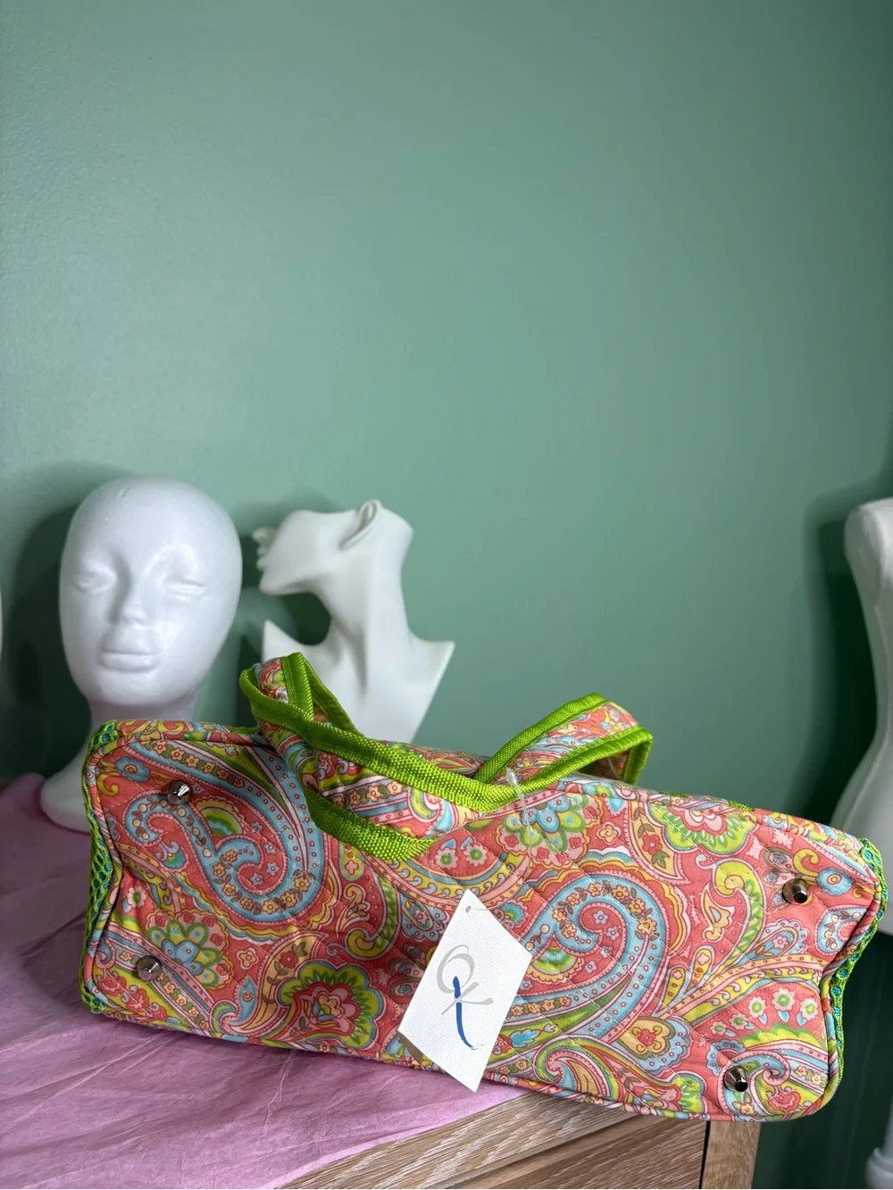 Green Paisley Baby Tote Bag with Bright Trim